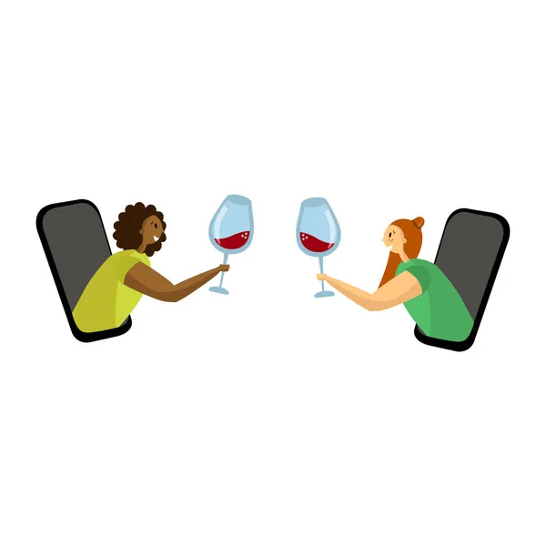 スマートフォンアプリで何かを祝う 手にワインのグラスを持つ2人の女性のイラスト オンラインデート — ストックベクタ