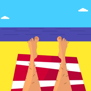 Çizgili bir havlunun üzerinde plajda yatan bir çift erkek bacağının çizimi. Denizde güneşlenen bir adam. Tatil.