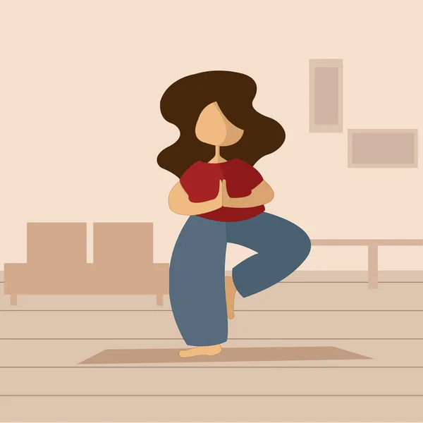 Illustrazione Una Donna Che Pratica Yoga Casa Allenamento Quarantena — Vettoriale Stock