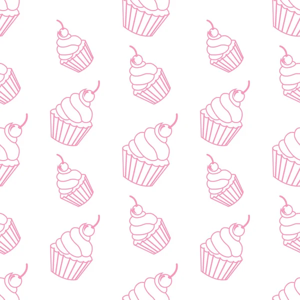 粉色纸杯蛋糕轮廓的无缝图案 生日背景 糕点图案 — 图库矢量图片