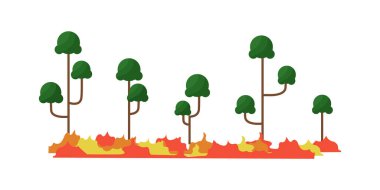 Vahşi ateş konsepti. Bir takım şekillendirilmiş yeşil ağaçlar ve kırmızı, sarı ve turuncu alevler. Orman yanıyor..