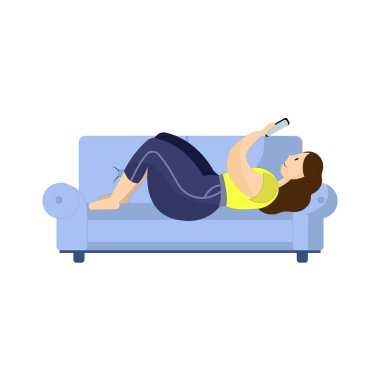 Akıllı telefonuyla kanepede yatan bir kadının çizimi. Kıvrımlı kadın evde dinleniyor. Vücut pozitifliği kavramı.
