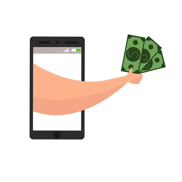 Ilustrace Ruky Držící Peníze Pojetí Mobilní Peněženky Služba Cash Back — Stockový vektor