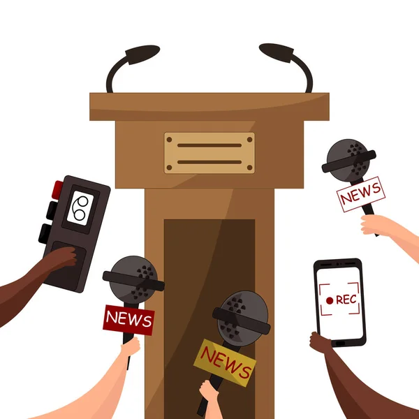 Press Conference Concept Hands Holding Microphones Empty Tribune — Stock Vector