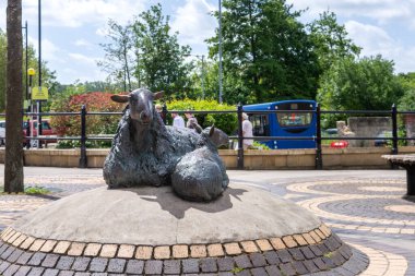 Wiltshire 'ın Calne kasabasında bir koyun ve kuzuyu gösteren bronz bir heykel yün endüstrisiyle tarihi bağları kutluyor.