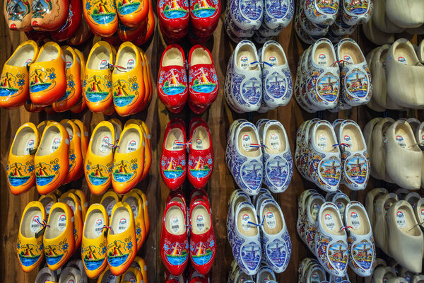 Zaandam, The Netherlands, August 4, 2017:  colorful clogs for sale in the souvenir shop.