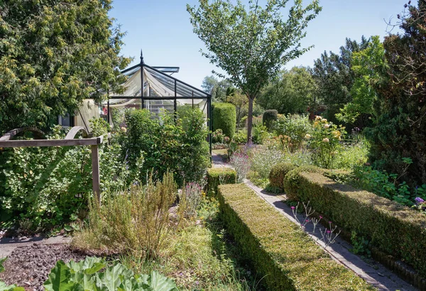 Glasgewächshaus Versteckt Durch Schöne Blühende Blumen Und Pflanzen Den Niederlanden — Stockfoto