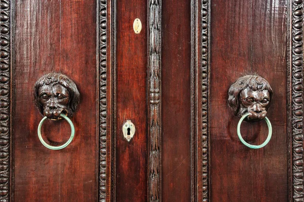 Two wood carved lion\'s heads with metal ring as door knocker on a house door in Haarlem