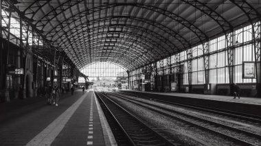 Haarlem, Hollanda, 5 Ağustos 2016: Sırlı tuğla zarif Art Nouveau mimarisi ile ünlü Haarlem Tren İstasyonu, doğal taş süsler ve parlak vernikli ahşap oymalar