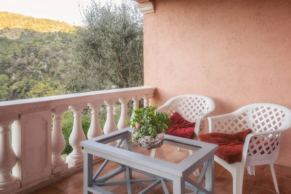 Two Chairs Table Terrace Mountains Valley Village Tourrette Levens French — Stock Photo, Image