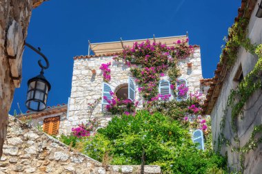 Eze pitoresk ortaçağ köyünün eski merkezinde çiçek açan çiçeklerile büyümüş güzel ev