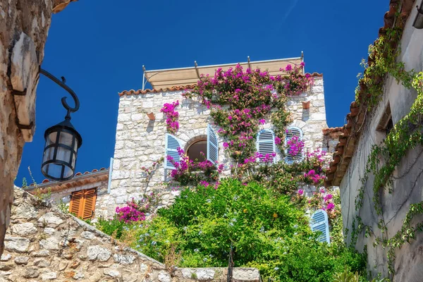 Eze pitoresk ortaçağ köyünün eski merkezinde çiçek açan çiçeklerile büyümüş güzel ev