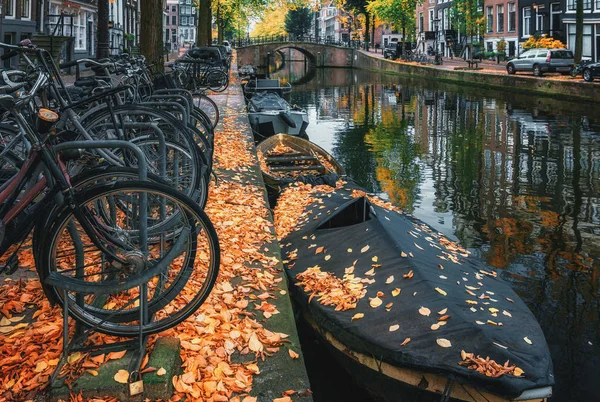 Cyklar parkerade längs en Amsterdamkanal i höstfärger — Stockfoto