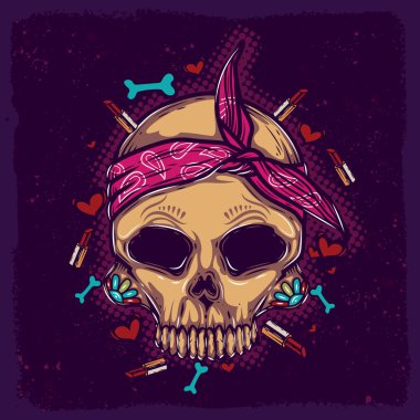 Orijinal vektör çizim, yüzünde bir desenli pembe bandana kafatasında.