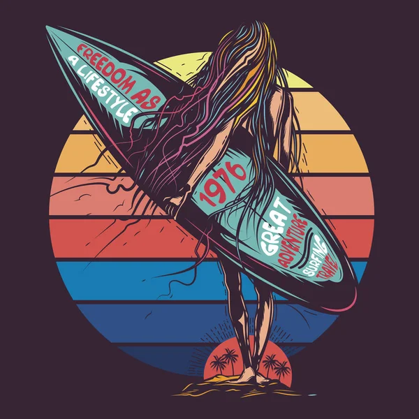 Retro neon tarzı, el sörf ile denize giden kız orijinal vektör çizim.