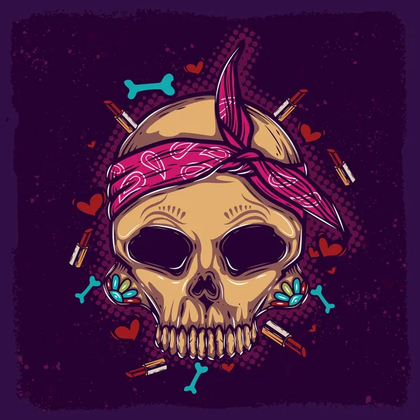 Ilustración Vectorial Original Cráneo Bandana Rosa Con Patrón Cara — Vector de stock