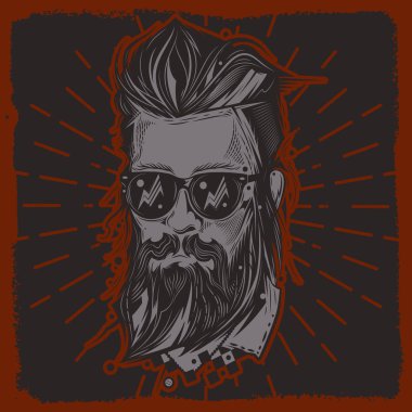 Orijinal vektör bir hipster saç ve sakalı karanlık bir arka plan üzerinde olan bir adam portresi. T-shirt ve etiketleri yazdırın