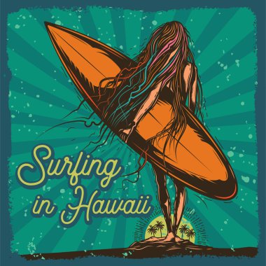 Orijinal vektör çizimde retro tarzı. Gün batımına doğru gidiş bir surfboard ile kız
