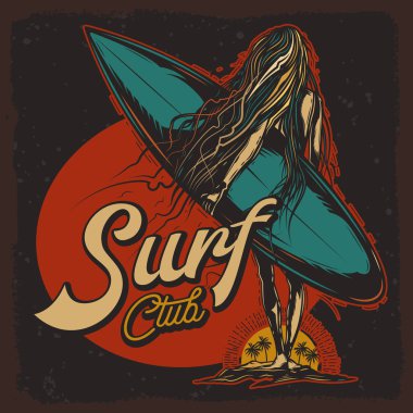 Orijinal vektör çizimde retro tarzı. Gün batımına doğru karanlık bir arka plan üzerinde yürüyen bir surfboard ile kız