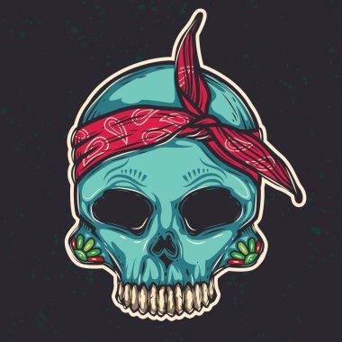 Orijinal vektör çizimde retro tarzı. Kafatasında bir bandaj neon renklerde