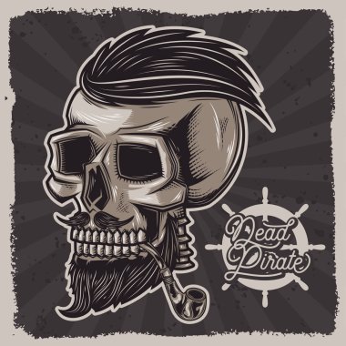 Bir kafatası ile bir boru için tütün vektör Illustration. Vintage kafatası sakal ve saç modeli ile yazdırma