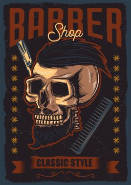 Vektör Gönderen. Kafatası funky saç, bıyık ve sakal. Berber reklam