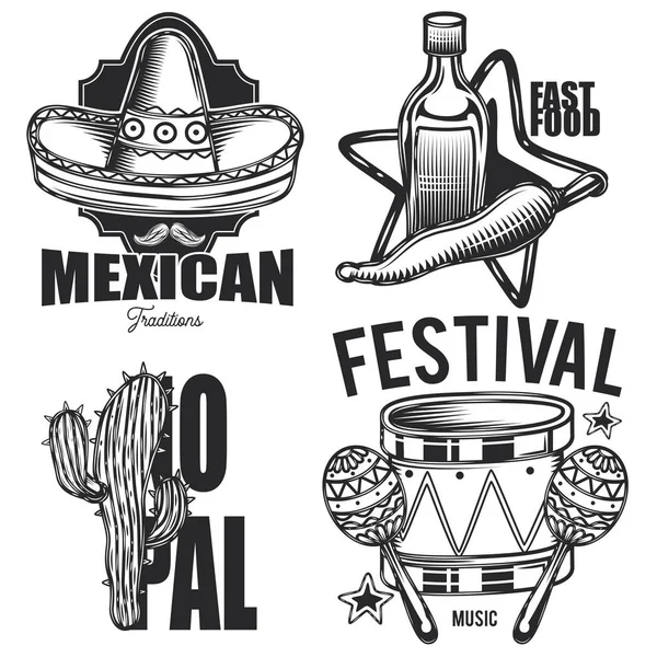 Векторные Мексиканские Эмблемы Черно Белом Стиле — стоковый вектор