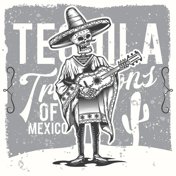 黑色和白色插图 墨西哥人手里拿着一把吉他原始的向量例证 — 图库矢量图片