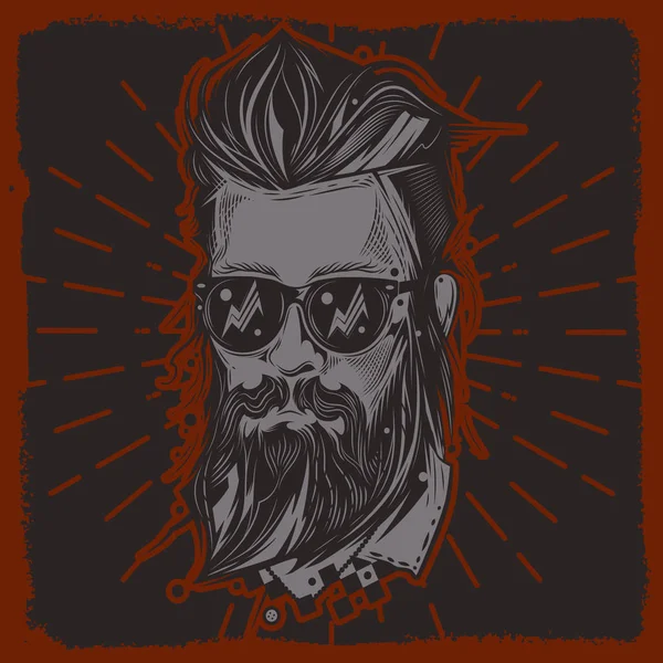 Oryginalny Wektor Portret Mężczyzny Fryzurę Hipster Brody Ciemnym Tle Drukowanie — Wektor stockowy