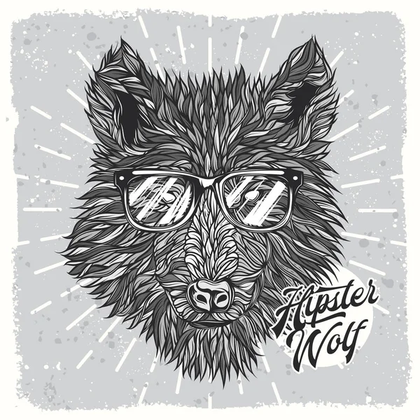 Ilustración Vectorial Original Lobo Hipster Con Gafas Estilo Blanco Negro — Vector de stock