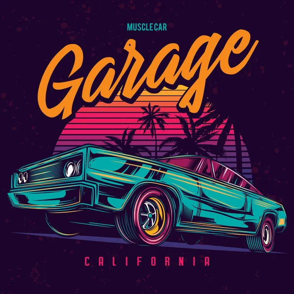 Illustrazione Vettoriale Originale Una Muscle Car Americana Stile Neon Retrò — Vettoriale Stock