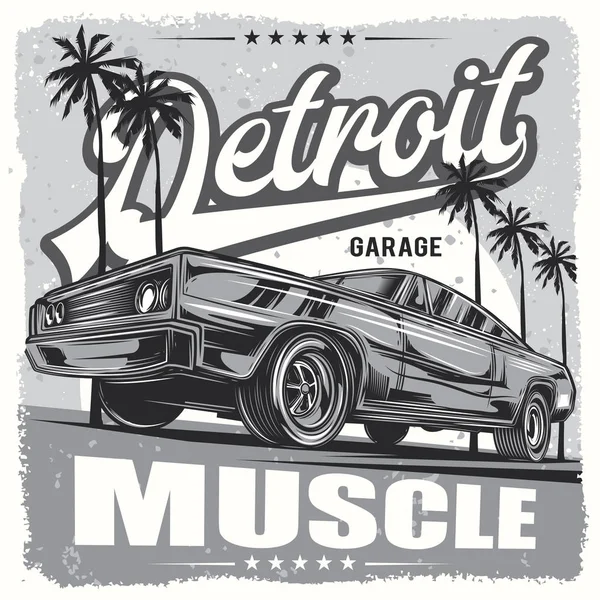 Ilustración Vectorial Estilo Vintage Blanco Negro Carro Muscular Impresión Camiseta — Vector de stock