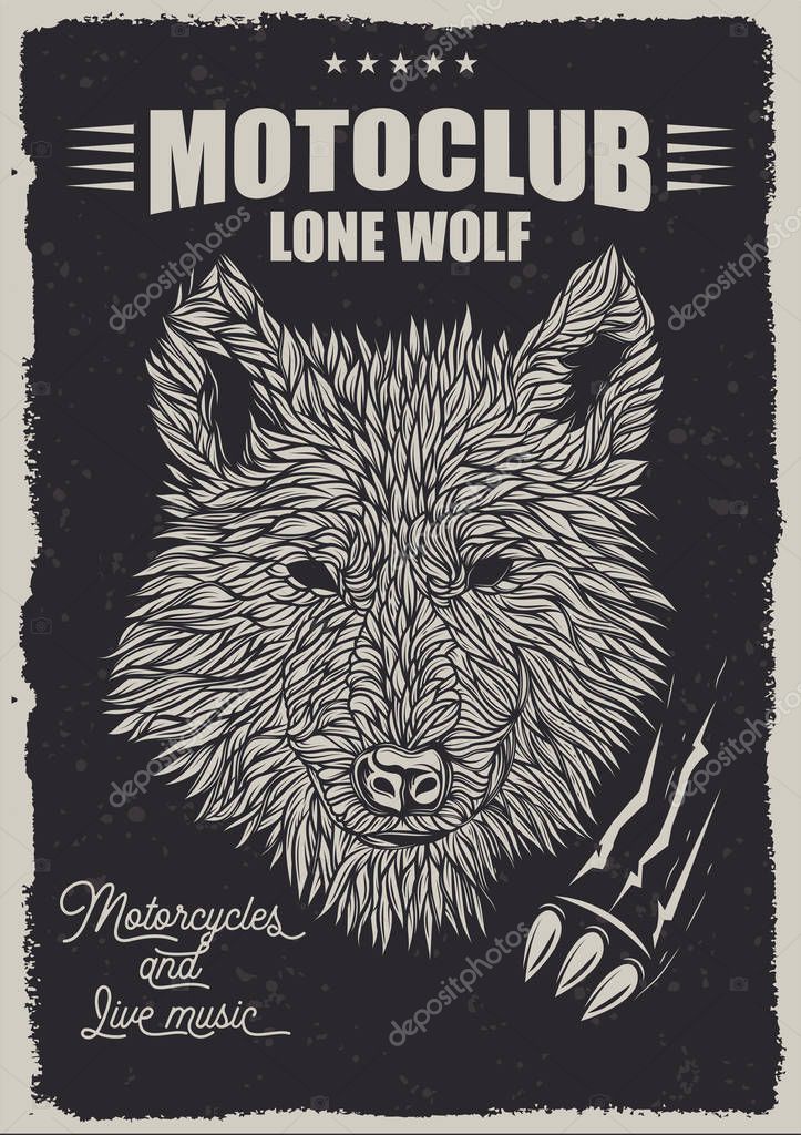 Vector poster. Wolf pattern on a dark background, in retro style. Motoclub