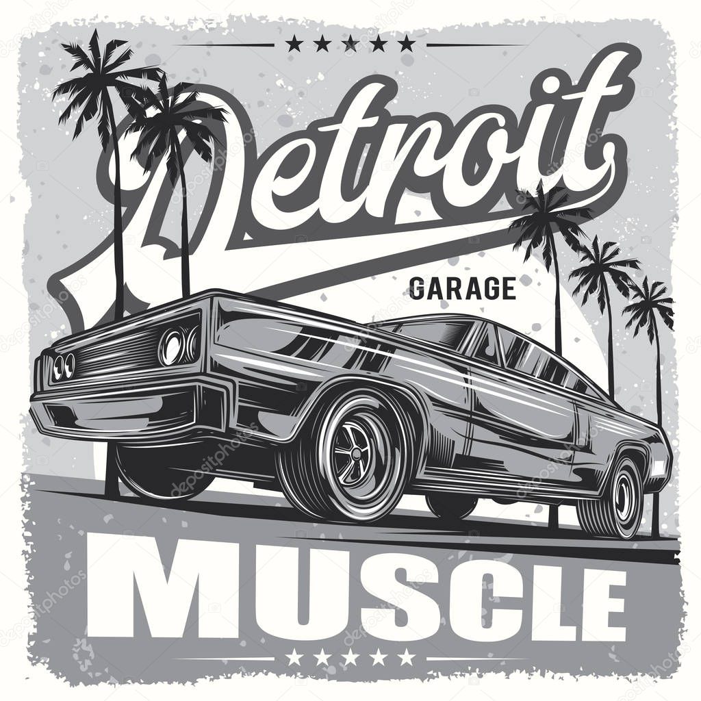 Vector illustration in black and white vintage style. Muscle car. Print on t-shirt or stickers.