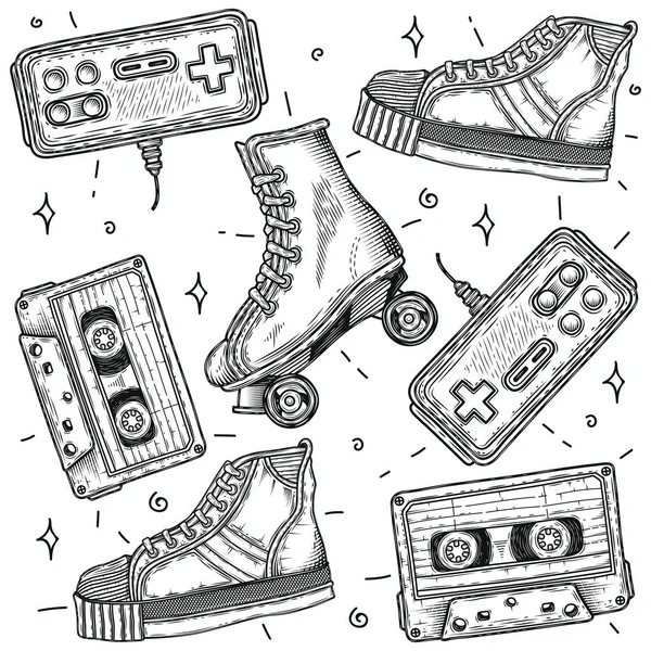 Vector Set Retro Style Elements Audio Cassettes Sneakers Videos Gamepad — Stock Vector