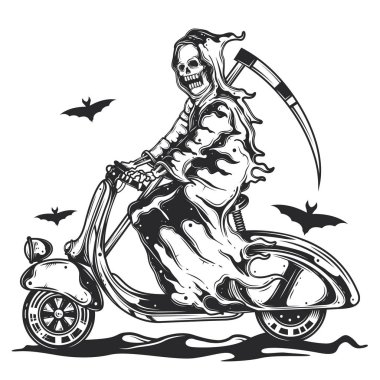 İskelet bir scooter sürme bir tırpan ile. Orijinal vektör çizim. Yazdır t-shirt veya kartpostal için.