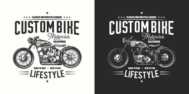 T-shirt veya poster tasarımı ile eski bir motosiklet görülmektedir. Açık ve koyu arka plan metin kompozisyonu ile tasarım.
