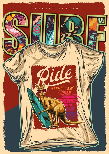 Ilustración Vectorial Original Canguro Surfeando Las Patas Playa Diseño Camiseta — Archivo Imágenes Vectoriales