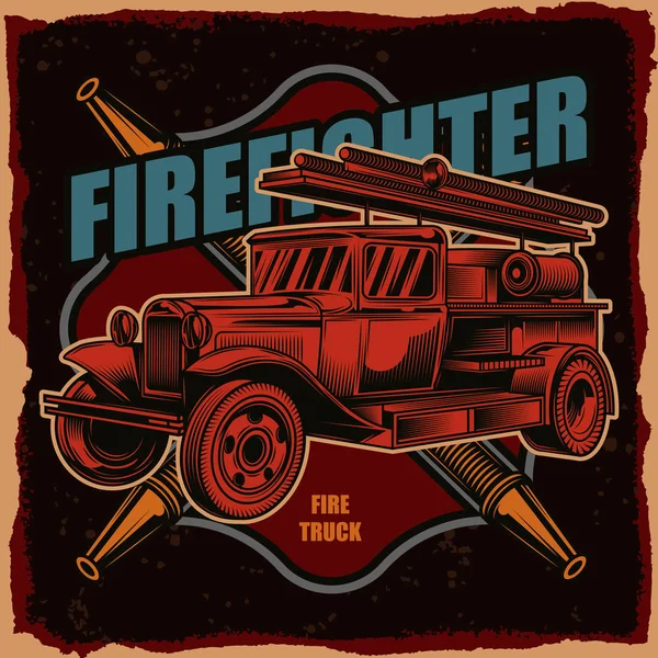 Vektor Logo Eines Feuerwehrfahrzeugs Auf Dunklem Hintergrund Abbildung Für Print — Stockvektor