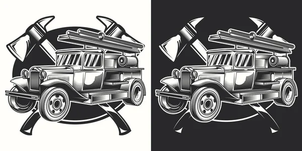 Tirage Vectoriel Original Emblème Camion Pompiers Sur Fond Noir Blanc — Image vectorielle