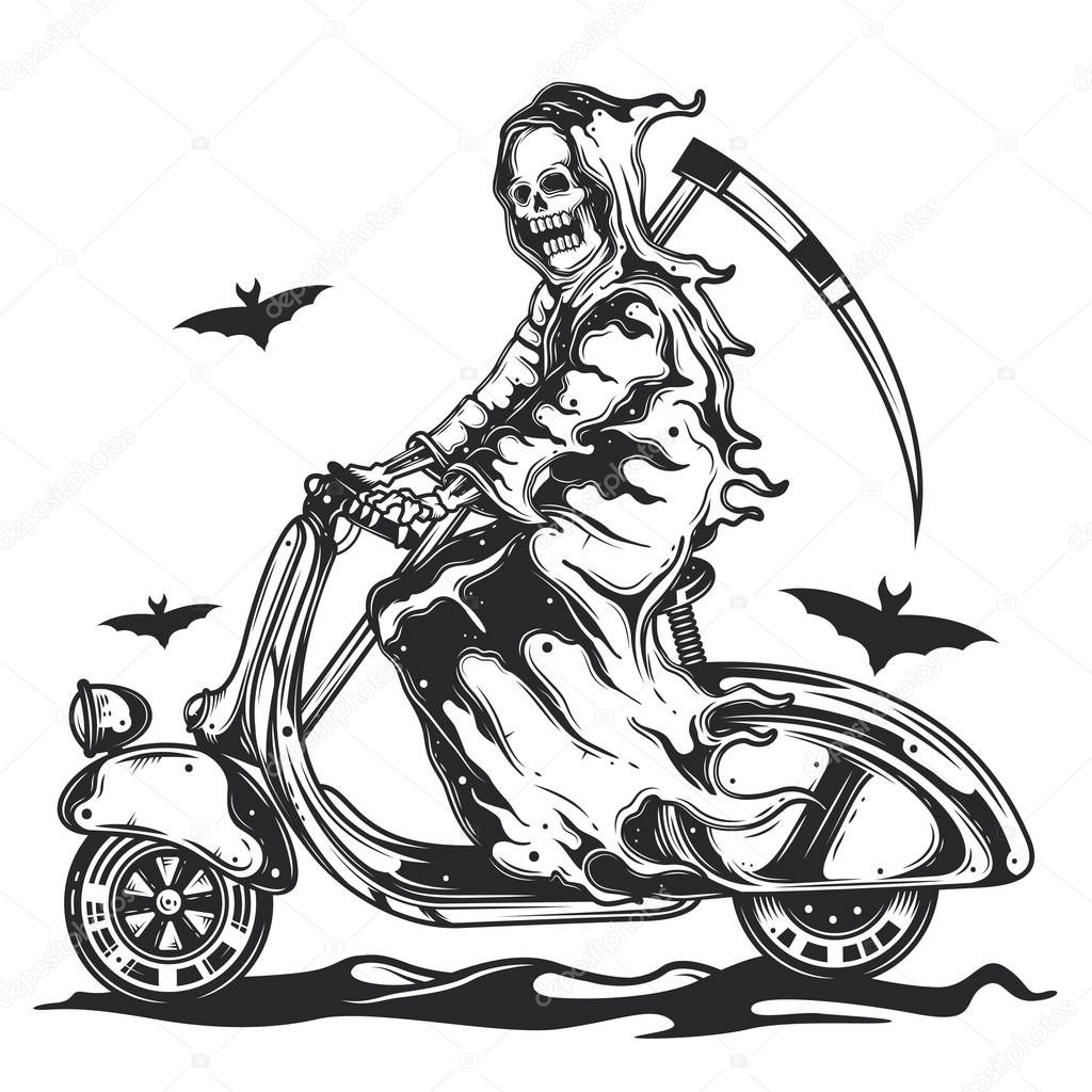 Skeleton with a scythe riding a scooter. Original vector illustration. Print for t-shirt or postcard.
