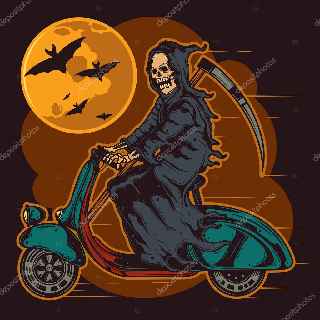 Skeleton with a scythe riding a scooter. Original vector illustration. Print for t-shirt or postcard.