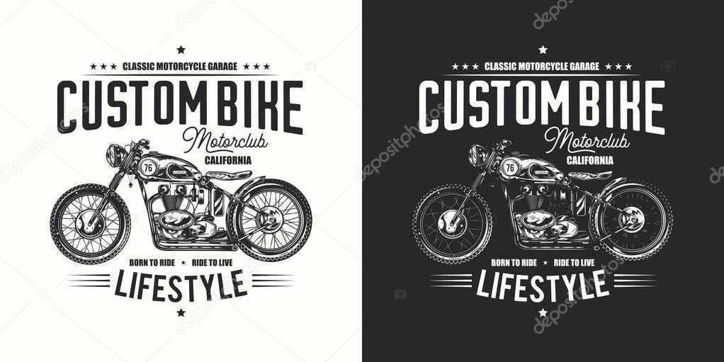 T-shirt or poster design with an illustration of an old motorcycle. Design with text composition on light and dark background.