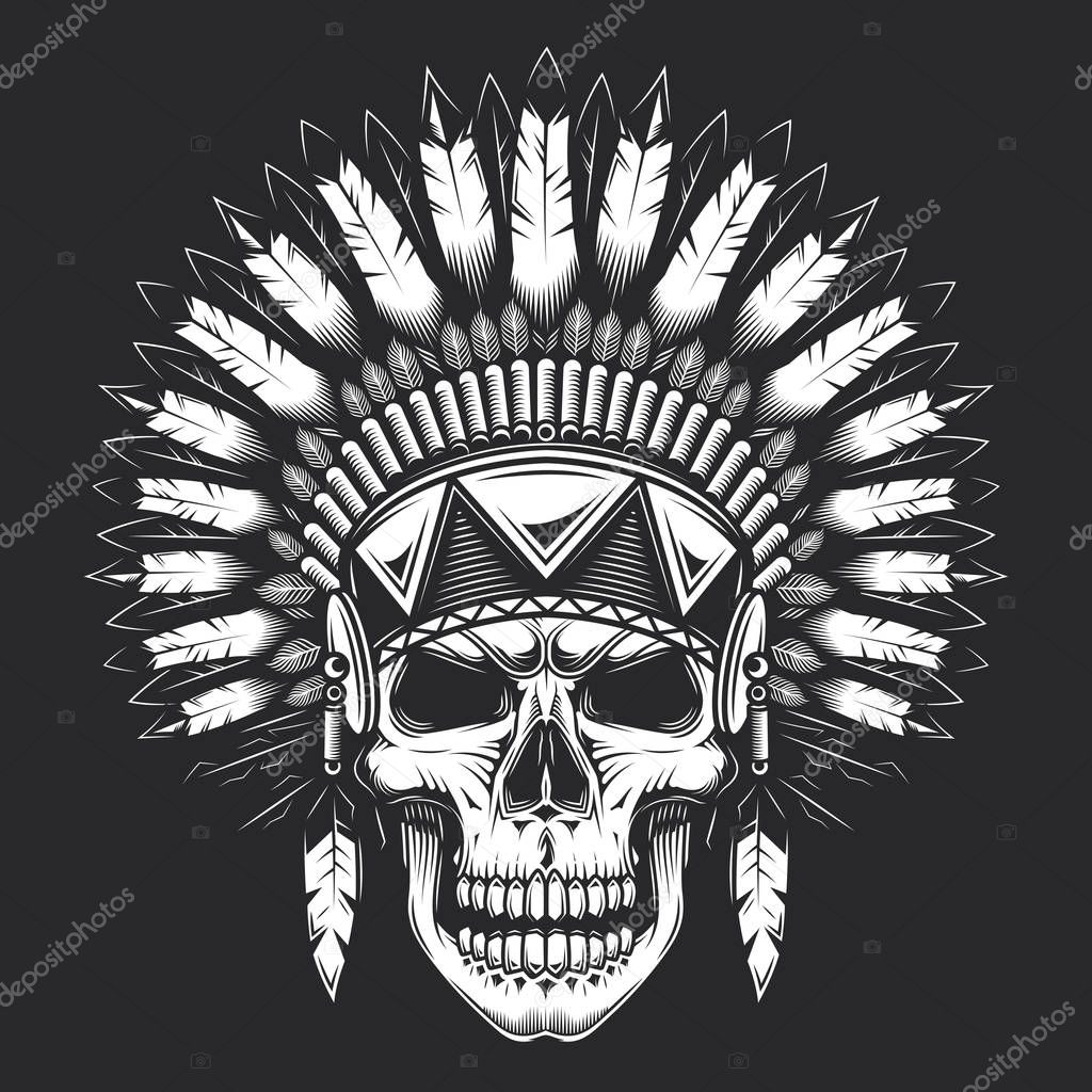 Skull in american indian vintage style. Monochrome vector illustration.