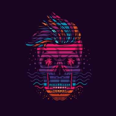 Neon hipster kafatası günbatımı ve palmiye ağaçları ile deniz tarzında. Orijinal vektör çizim. T-shirt tasarım