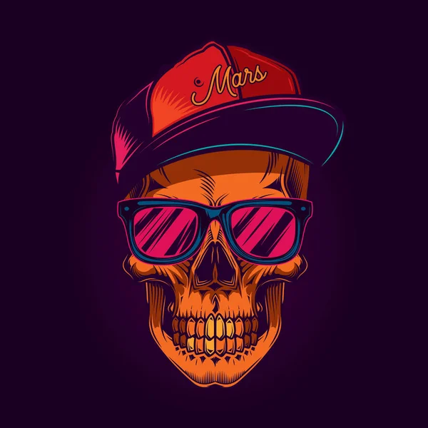 Cráneo Con Gafas Gorra Ilustración Vectorial Brillante Camiseta Diseño Pegatina — Vector de stock