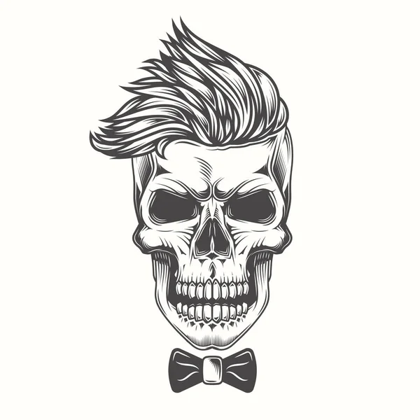 Calavera Hipster Con Peinado Moda Estilo Vintage Ilustración Vectorial Monocromática — Vector de stock