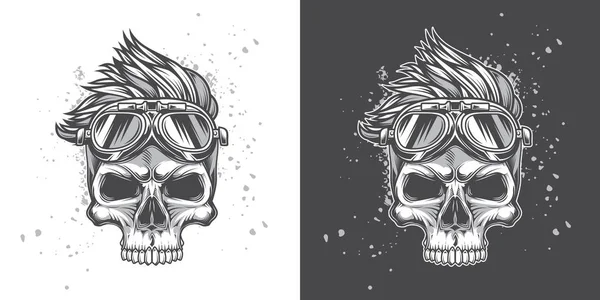 Illustration Vectorielle Monochrome Crâne Hipster Avec Des Lunettes Moto Coiffure — Image vectorielle