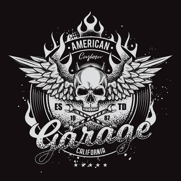 Vintage, vektör Moto illüstrasyon. Kanatları yanan kafatası. T-shirt tasarımı için uygundur.
