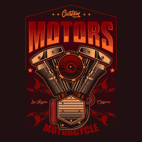 Vintage Amblemi Anahtarların Arka Planındaki Motosiklet Motoru Vektör Illüstrasyon Shirt — Stok Vektör